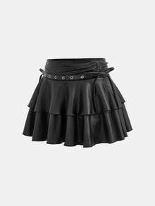 SHEIN 兒童青少年女孩秋/冬新款黑色純色休閒抽繩綁帶雙層蛋糕裙，PU材質，派對聚會，內建安全褲，返校季 - 黑色 - 查看 5