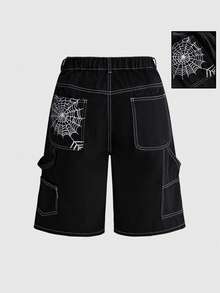 ROMWE Grunge Punk Versatile Black Casual Elastic Waistband Pocket Spider Web Print Plus Size Loose Fit Denim Shorts Halloween - Black - View 1