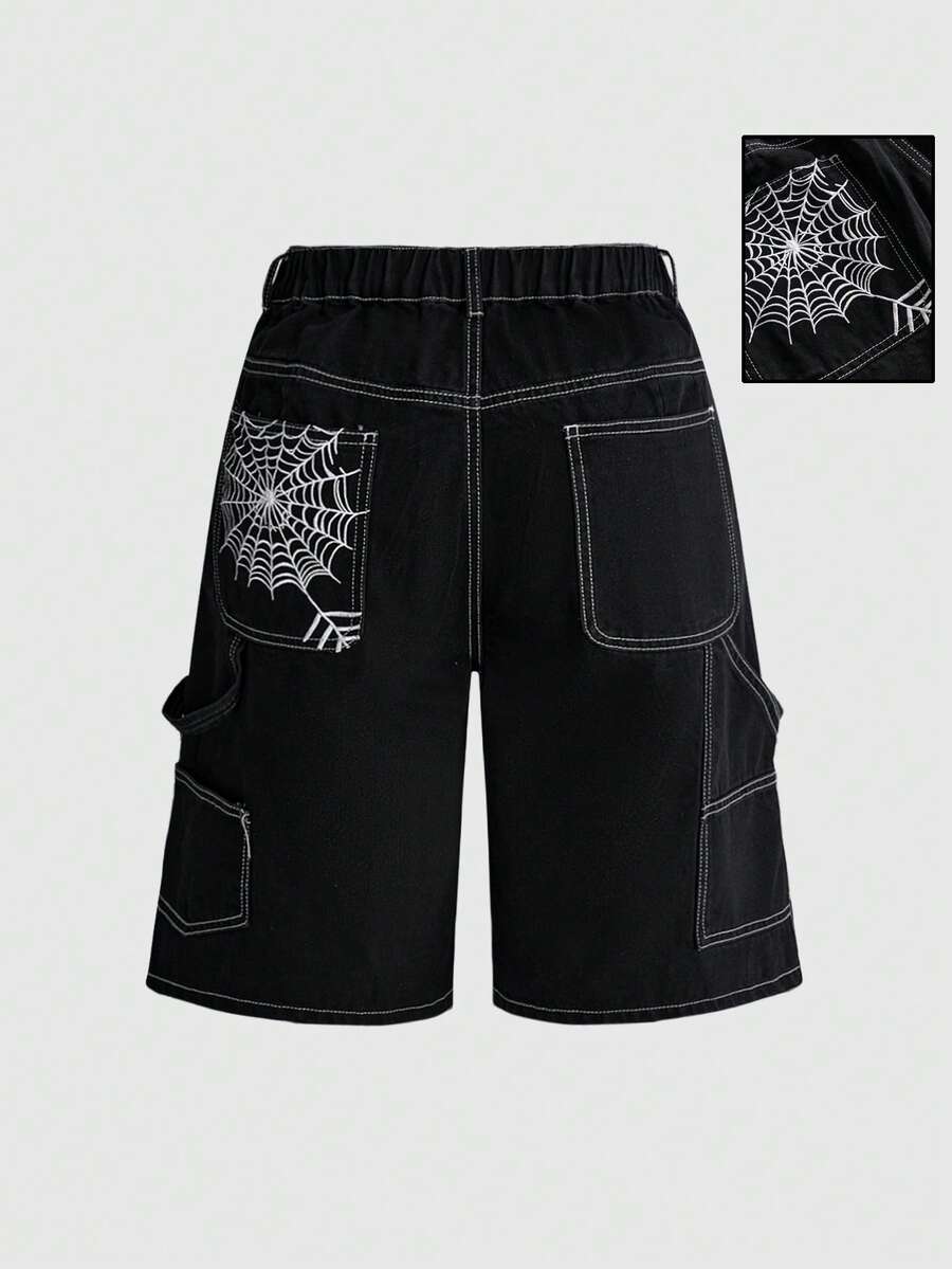 ROMWE Grunge Punk Versatile Black Casual Elastic Waistband Pocket Spider Web Print Plus Size Loose Fit Denim Shorts Halloween - Black - View 1