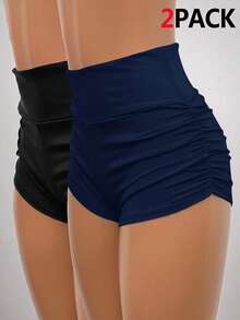 SHEIN EZwear 2件組女款休閒極簡純色百褶騎行短褲，適合夏季騎行、瑜伽運動、秋季短褲，適用日常通勤、聚會、秋冬春夏、聖誕節、新年、感恩節、派對、婚禮、海灘、畢業典禮、優雅、外出、約會、通勤、情人節、優雅、度假、Y2K - 彩色 - 查看 1