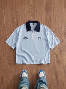 SWAVVY 男士字母條紋短袖休閒 Polo 衫 - 藍色 - 查看 2