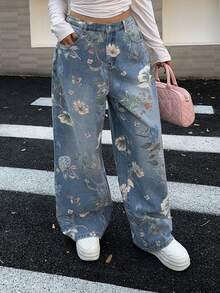 Dazy Tall Curve Floral All-Over Print Fashion Design Straight Leg Long Plus Size Women's Jeans Tall All-Season Pants Fall Vacation Wedding Guest Boho Casual - Medium Wash - View 6