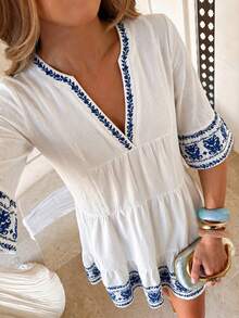 Louniche Vestido corto de mujer de una sola pieza para verano, cuello en V, azul & blanco, vintage bordado, manga acampanada, cintura alta, bajo con volantes en capas, estilo bohemio para vacaciones y playa - Multicolor - Ver 4