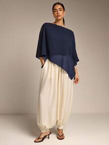 COSMINA Solid Color Casual Versatile Daily Asymmetrical Hem Blouse, Summer Sun Protection - Navy Blue - View 5