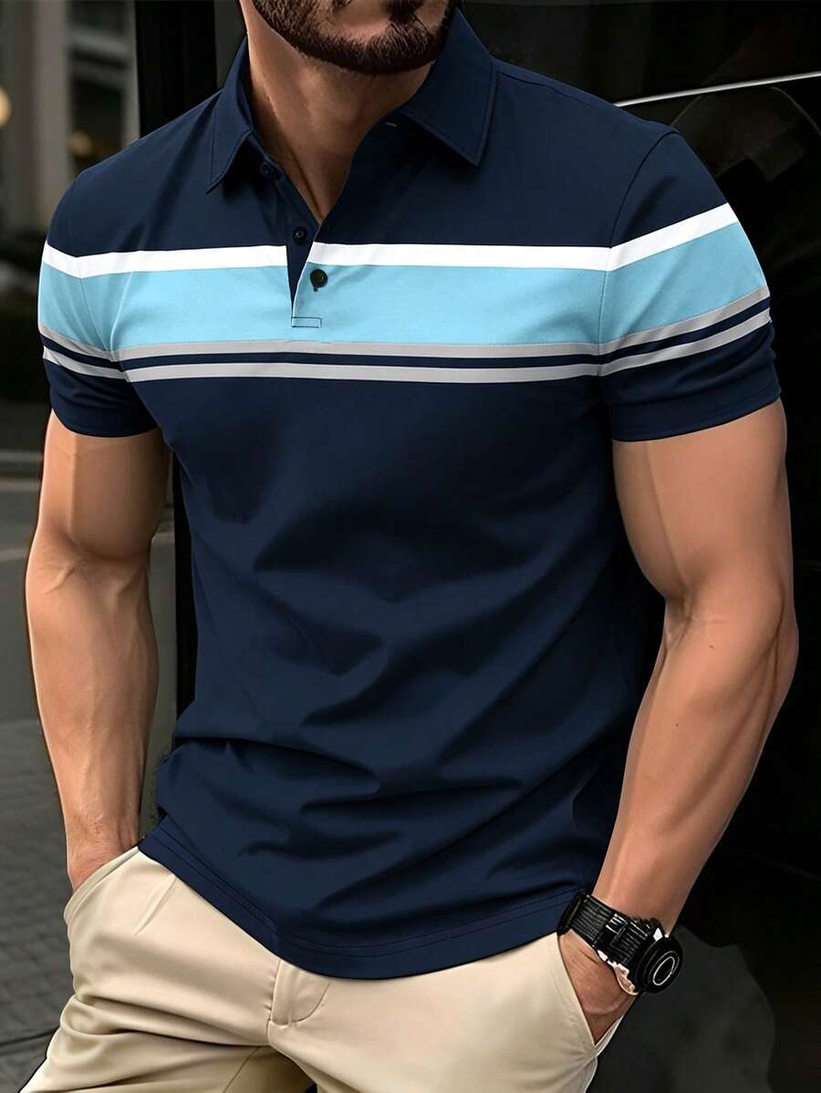 Calvornis 男士拼色休閒日常短袖 Polo 衫 - 彩色 - 查看 1