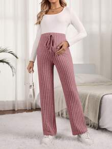 SHEIN Maternity Solid Color Adjustable Waist Straight Leg Pants - Dusty Pink - View 6