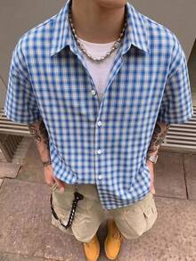 TOKVUE 男士大尺碼美式風格藍白小格短袖襯衫 - 藍色 - 查看 3