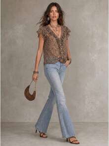 Solivie Blusa Feminina de Verão com Estampa de Leopardo e Babados - Multicolorido - Visão 5