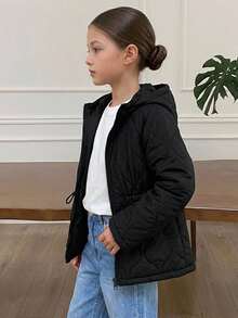 Dazy Kids Tween Girl Solid Color Raglan Long Sleeve Zip-Up Hooded Winter Jacket - Black - View 5