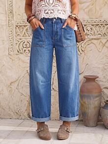 EMERY ROSE Women's Loose Tapered Casual Versatile Denim Jeans With Pockets - Blue - View 2