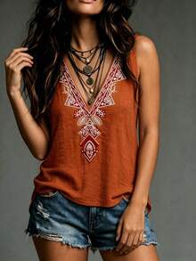 SHEIN Vacation Casual Boho V-Neck Embroidered Sleeveless Top Vacation Rust Brown Summer - Orange - View 4