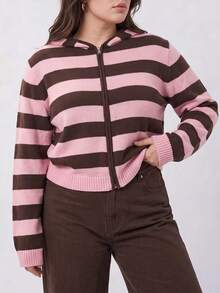 Solavibe Plus Size Light Pink Zip‑Up Hooded Knit Cardigan, Campus Daily Wear, Autumn, Back To School Formal Date Night Going Out Y2k 90s 1960s - Pink - View 10