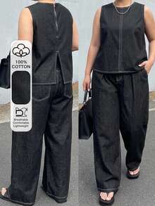 Dazy Plus Conjunto de 2 piezas con top sin mangas con cremallera y abertura en la espalda & jeans de mezclilla largos, talla grande, primavera/verano - Negro - Ver 1