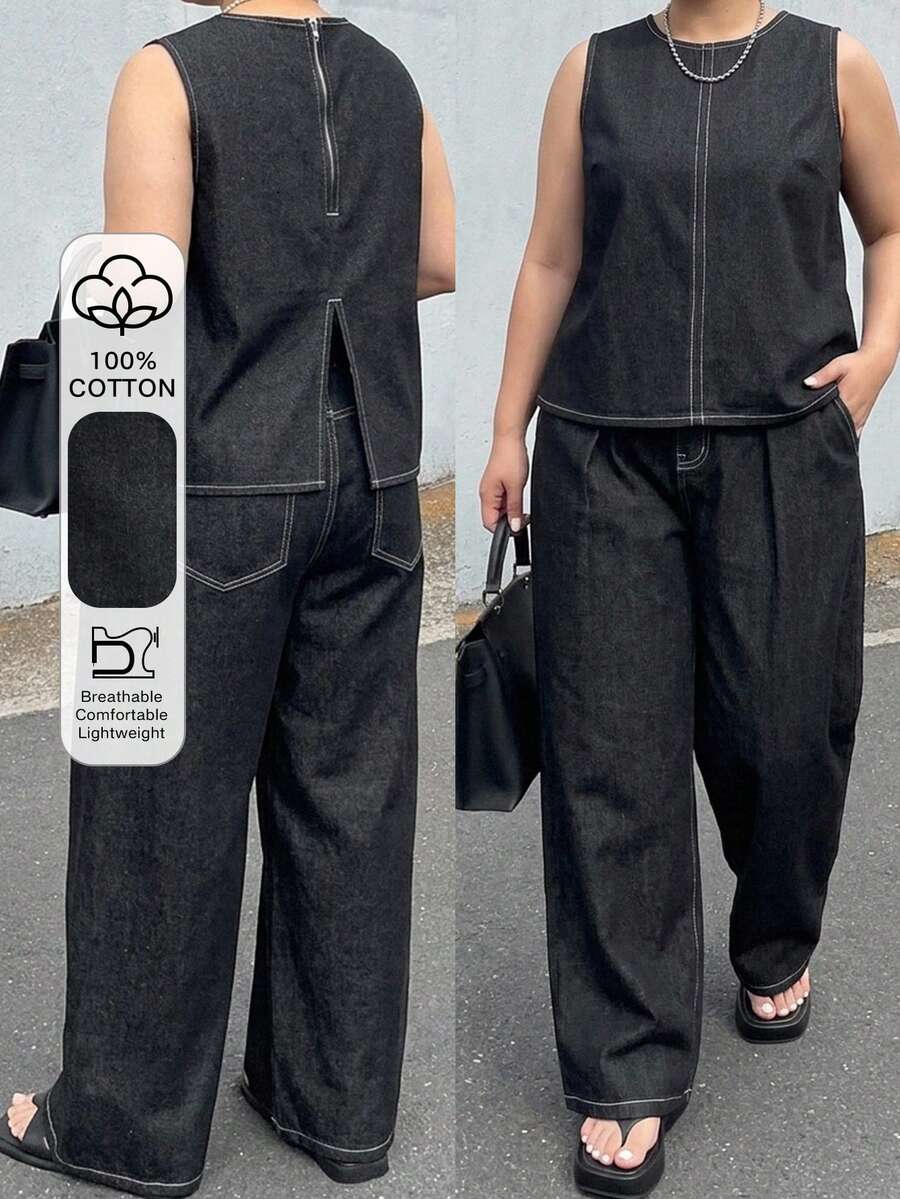 Dazy Plus Conjunto de 2 piezas con top sin mangas con cremallera y abertura en la espalda & jeans de mezclilla largos, talla grande, primavera/verano - Negro - Ver 1