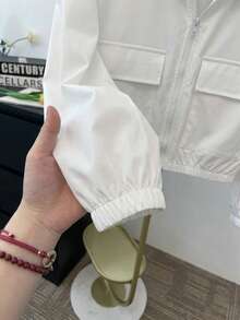 SHEIN 青少年女孩編織素色口袋寬鬆休閒可愛連帽秋季夾克返校季白色夏季 - 白色 - 查看 5