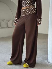 Aloruh Pantalon de survêtement extra long à taille basse, coupe ample, à pois et blocs de couleurs pour jeunes femmes - Jaune clair - Voir 4