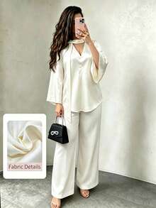 Modelyn Plus Size Champagne V-Neck Tie-Front Bell Sleeve Satin Top & Loose Pants 2 Pieces Set Autumn - Apricot - View 4