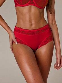 SHEIN BAE 1件蕾絲拼接女款內褲 - 紅色 - 查看 5