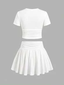 SHEIN Tween Girl 3 Pieces Set Multi-Color Black White Pink Short Sleeve Skirt Outfit - Multicolor - View 6