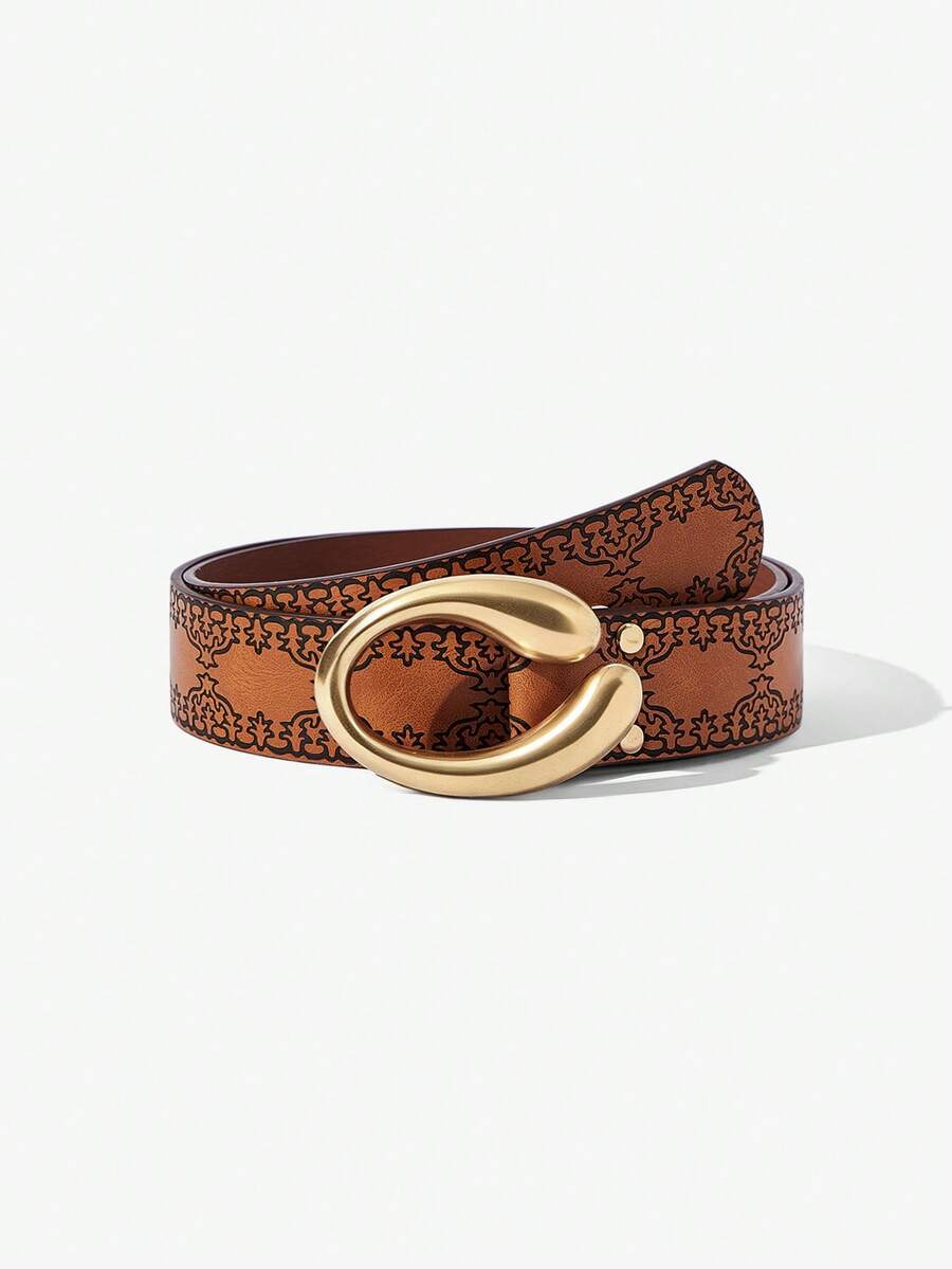 Maija Cinturón ancho con hebilla dorada en forma de C con textura en relieve vintage, hebilla ovalada asimétrica versátil para uso diario y de oficina - Marrón - Ver 1