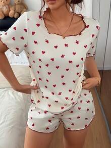 Napfluff Women's All-Over Print Short Sleeve Top And Shorts Casual Daily Home Sleepwear Set - Apricot - View 2