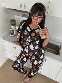 ZzzCrew Loose Comfortable Plus Size Loungewear, Halloween Fun Print Short Sleeve Long Pants Pajama Set - Multicolor - View 1