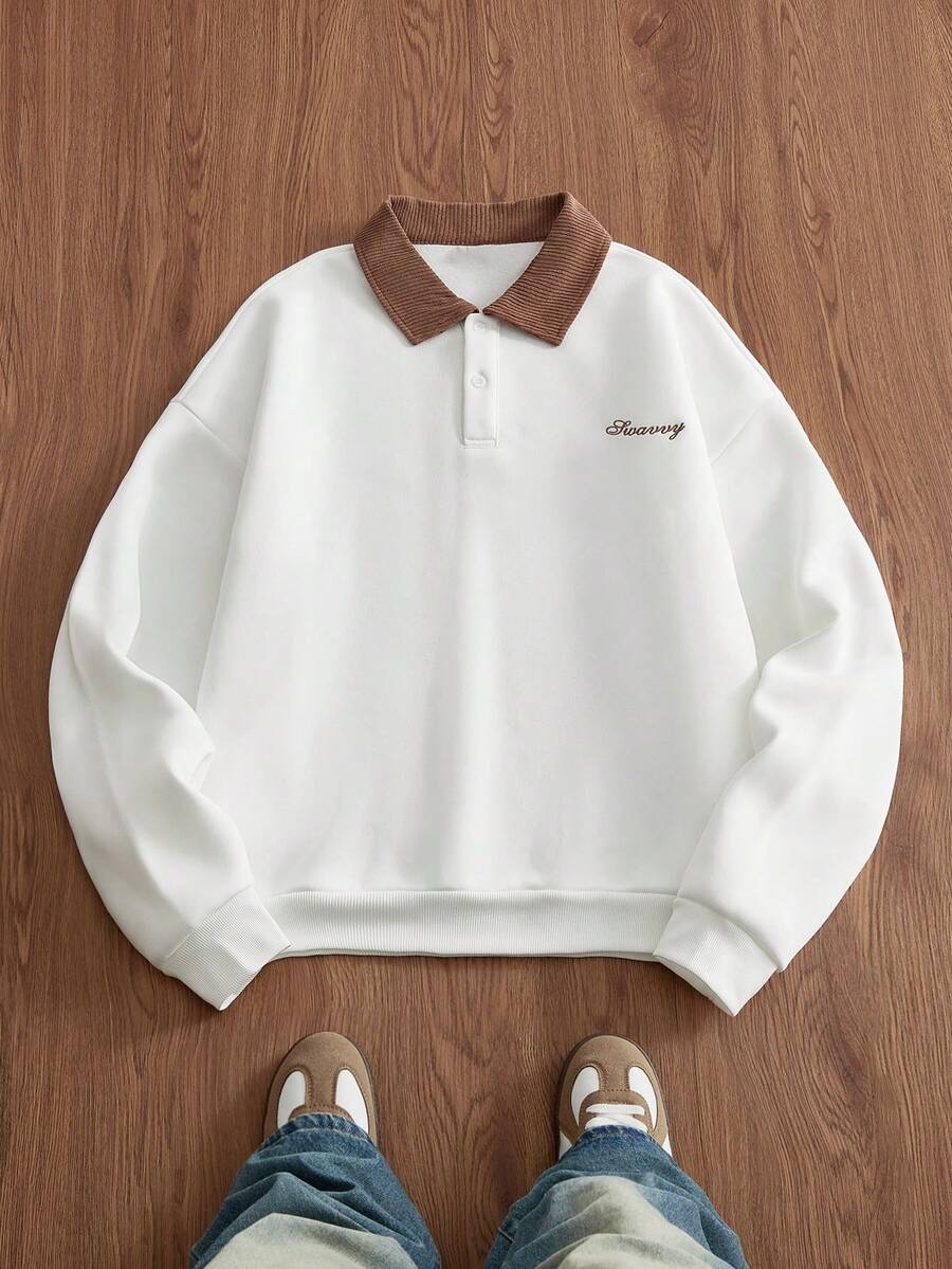 SWAVVY Men's Spring/Autumn Casual Standard Size Black Pullover Sweatshirt With Embroidered Collar - White - View 1