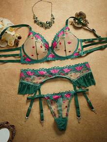 3pcs Plus Size Mesh Embroidery Lingerie Set With Underwire (No Garter Belt) - Multicolor - View 3