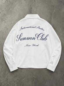 SUMWON Club Cropped Button-Front Shirt With Spread Collar Script Back Print Long Sleeve Summer Casual Overshirt - White - View 1