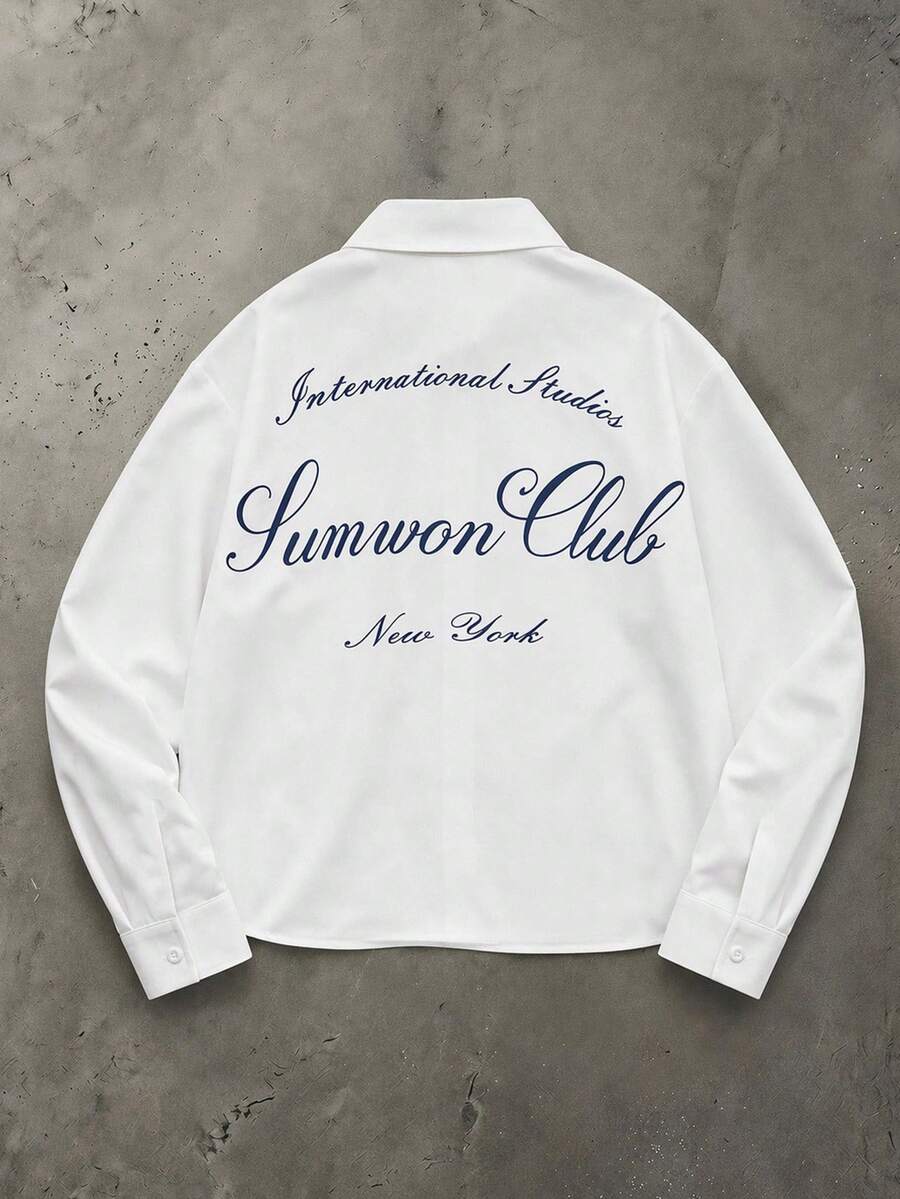 SUMWON Club Cropped Button-Front Shirt With Spread Collar Script Back Print Long Sleeve Summer Casual Overshirt - White - View 1
