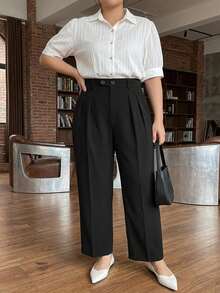Dazy Plus Plus Size Solid Color Fitted Business Casual Versatile Ankle-Length Black Spring/Autumn Trousers Dress Pants - Black - View 3