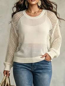 Linhara CURVE 1 buah Sweater Rajut Kasual Wanita Ukuran Plus, Leher Bulat, Raglan, Berongga, Lengan Panjang, Model Pendek, Modis, Cocok untuk Perjalanan Sehari-hari dan Liburan, Cocok untuk Musim Semi dan Musim Panas - Krem - View 8