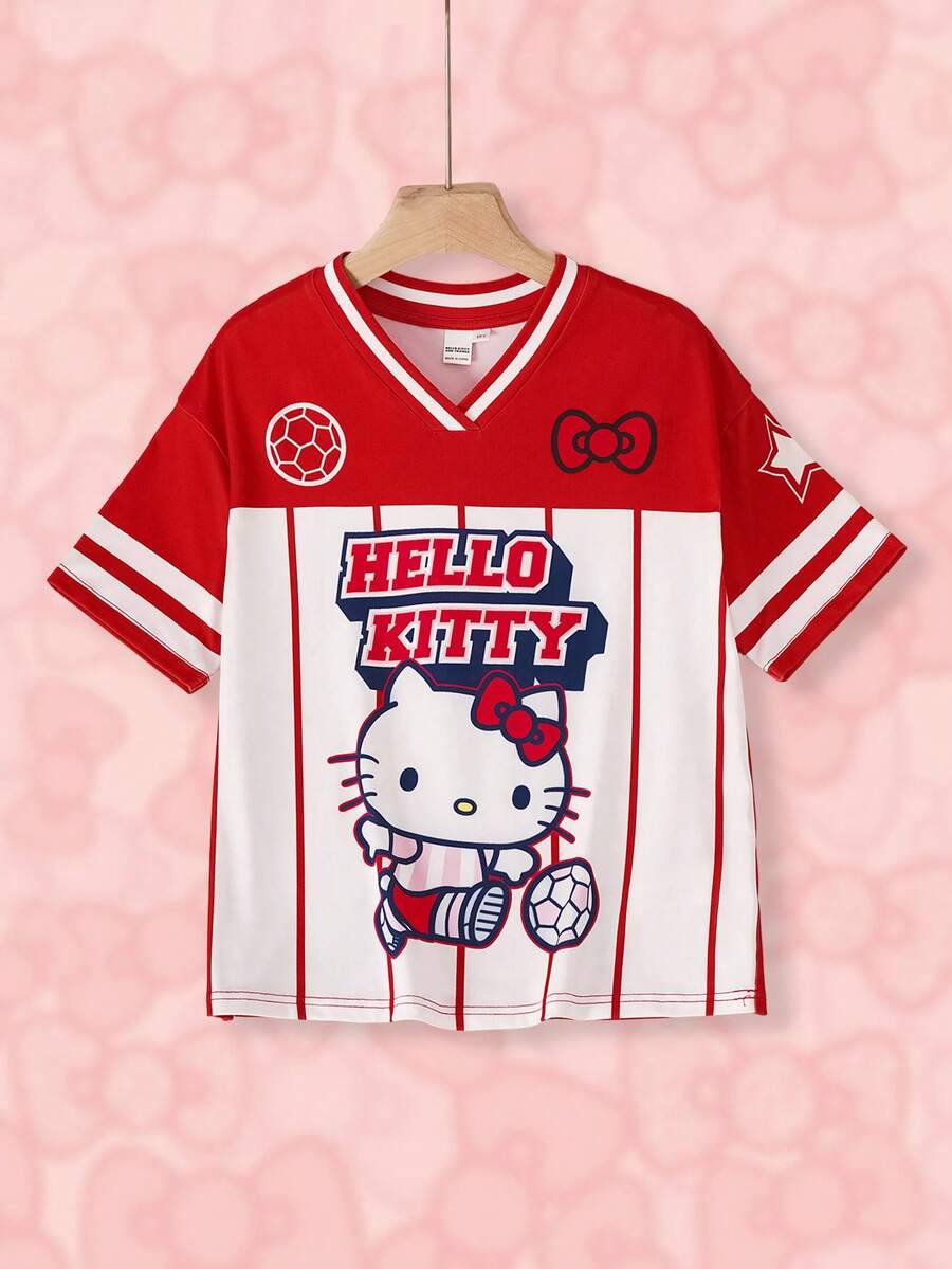 HELLO KITTY AND FRIENDS | SHEIN Kaos Lengan Pendek Kasual Serbaguna untuk Sehari-hari dengan Leher V dan Motif Kartun Huruf Warna-warni untuk Anak Perempuan Remaja. - Merah - View 1