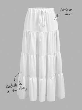 Tseoso Casual Vacation Style Women's White Ice Silk Ruched Drawstring Tiered Skirt, Suitable For Spring/Summer, Vacation, Beach