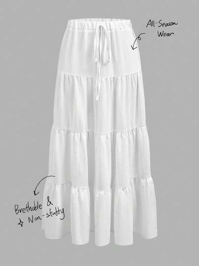 Tseoso Casual Vacation Style Women's White Ice Silk Ruched Drawstring Tiered Skirt, Suitable For Spring/Summer, Vacation, Beach
