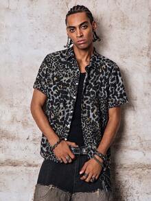 Skyrend Men's Casual Business Leopard Grain Textured Short Sleeve Shirt, Black, Summer Grunge - Black - View 1