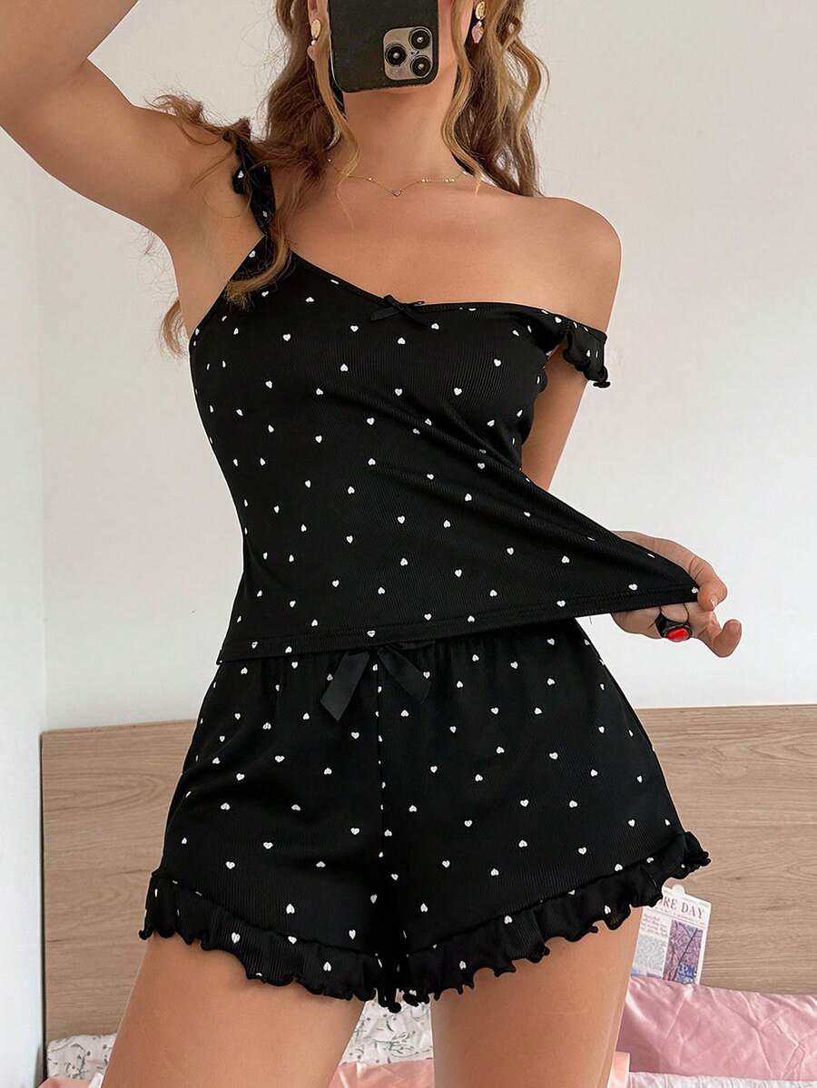 SweetSlumber Set Piyama Santai Kasual Y2K Manis dan Imut dengan Motif Hati INS dan Hiasan Pita Berkerut untuk Wanita - Hitam - View 1