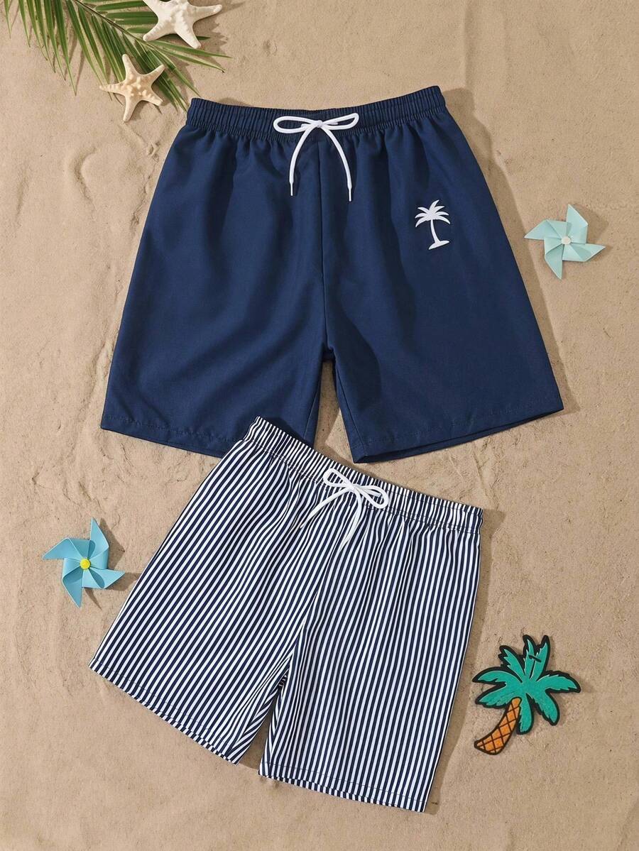 SHEIN 男童两件套泳衣,海军蓝纯色+条纹印花梭织面料,清爽海滩度假风,适合夏季穿着 - 藏蓝色 - 查看 1