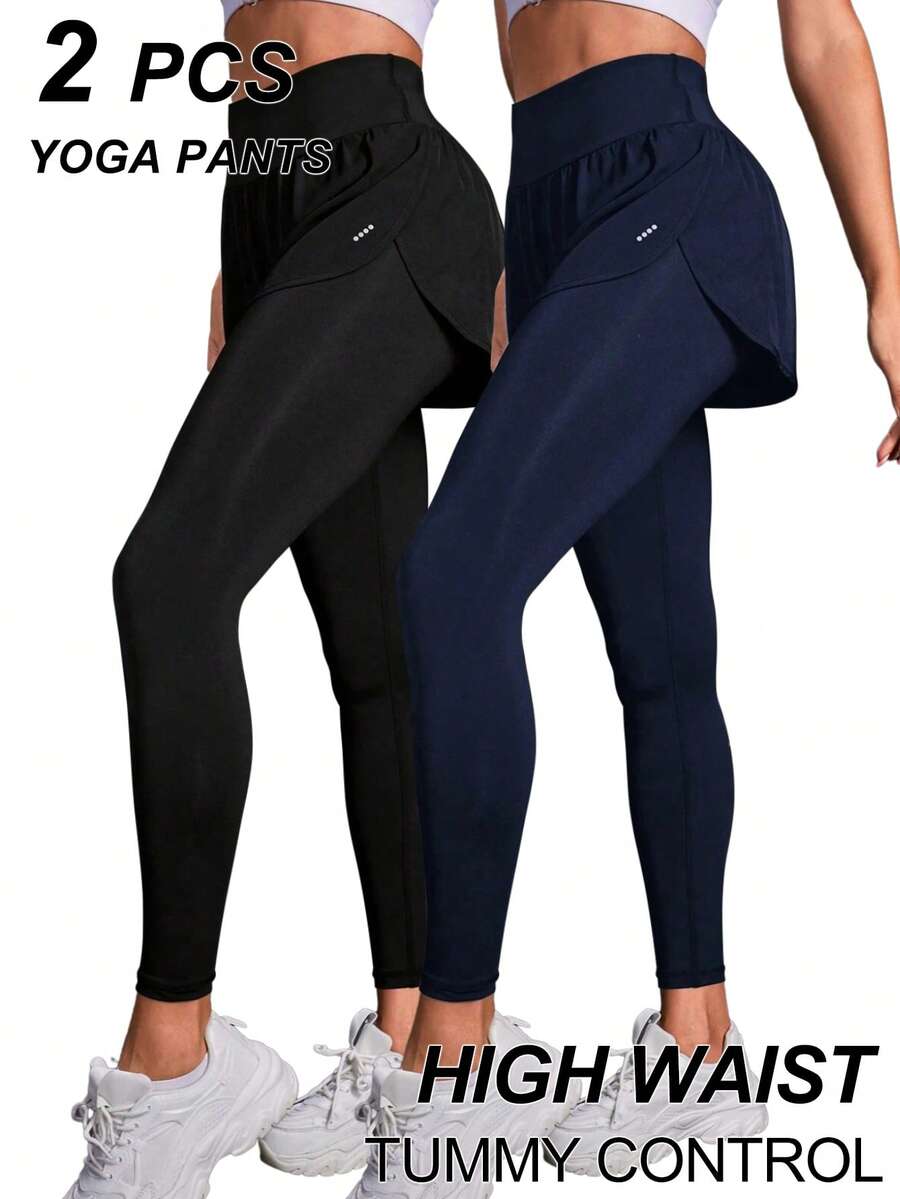 Velisys Velisys 2pcs Women Solid Color High Waist 2 In 1 Leggings Women Leggings Set Yoga Pants