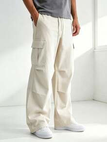 Manfinity Dauomo Men's Solid Color Drawstring Waist Cargo Wide Leg Loose Fit Long Pants - Apricot - View 6