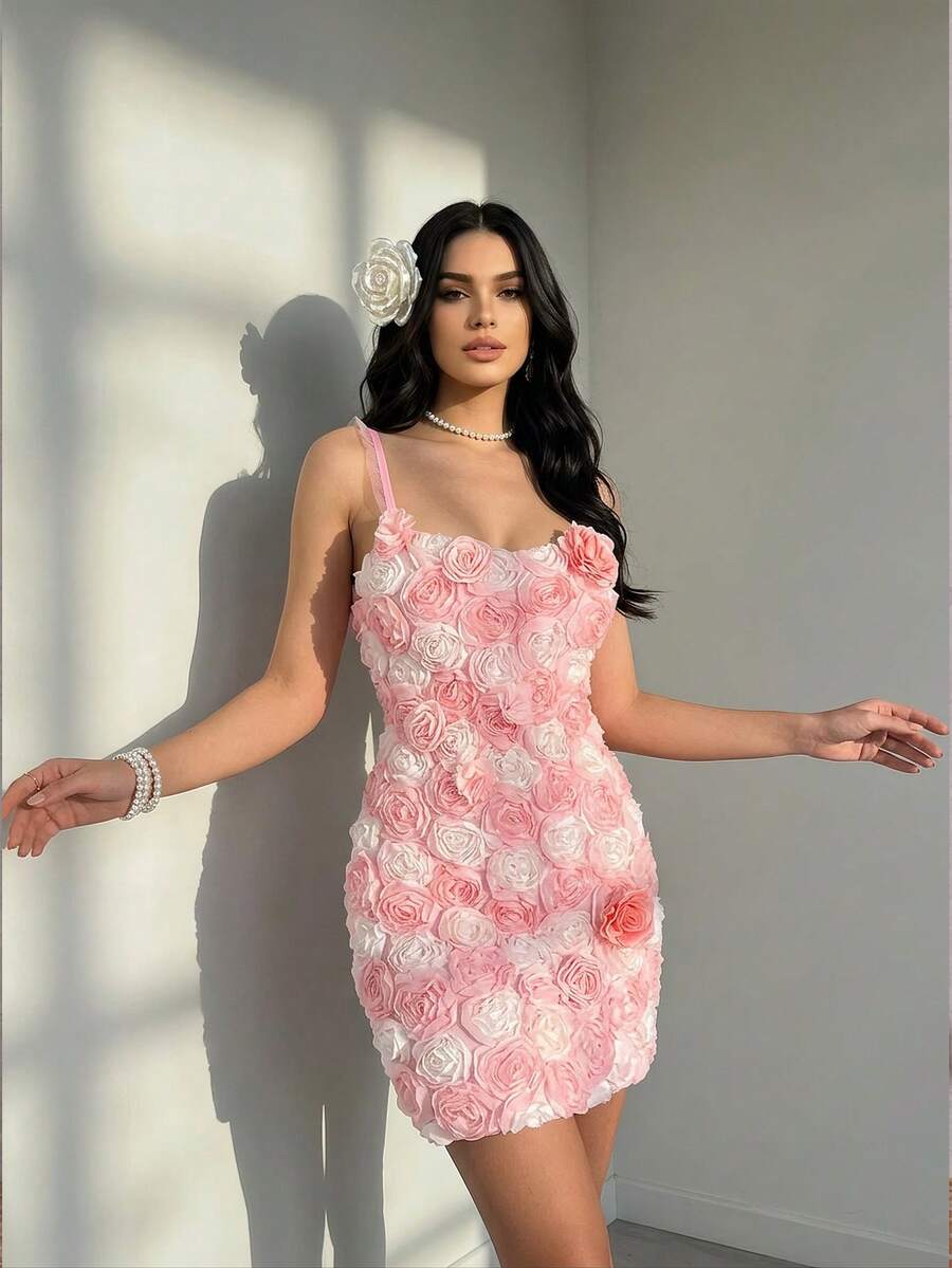 RiviMae Vestido mini ajustado y elegante con flores 3D para mujer, ideal para fiestas y uso casual - Rosa Pálido - Ver 1