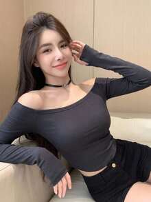 DAZY 女款方領修身T恤，性感風格 - 灰色 - 查看 3
