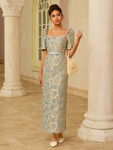 EastFlair Women's Elegant Luxury Metallic Texture Petal Sleeve Bow Tie Waist Dress - Green - View 6