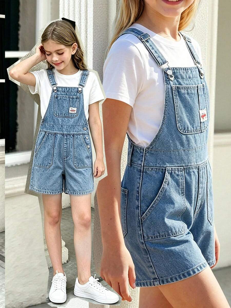 Girls' Summer Washed Comfortable Street Outdoor Fashion Campus Style Denim Decor Loose Soft Premium Cotton Fabric Mid-Blue Washed Denim Overall Shorts - Medium Wash - View 1