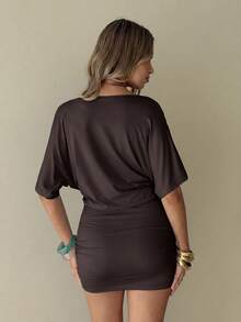 Aloruh Women's Yellow Cowl Neck A-Line Backless Short Dress With Tie Straps, Suitable For Vacation, Date, Commute, Daily Wear - Brown - View 2