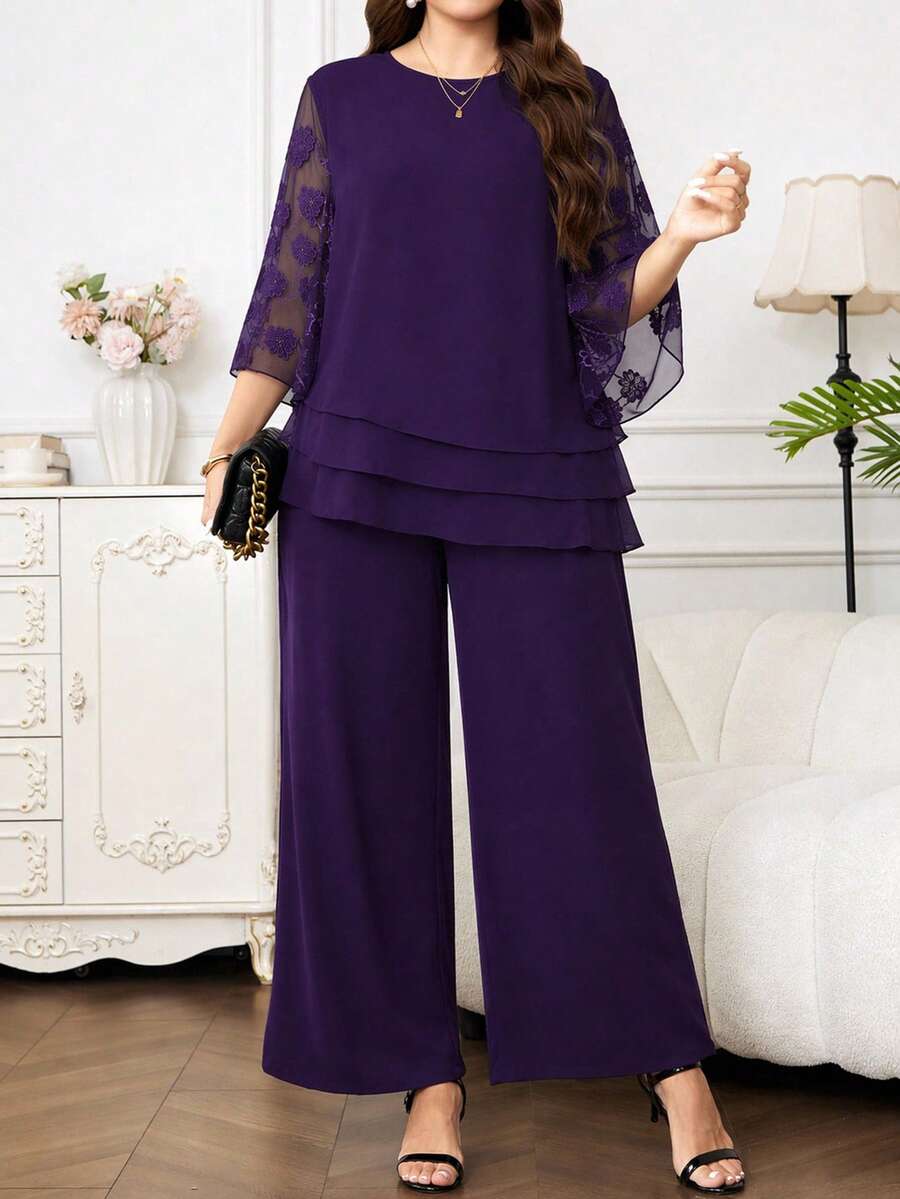 Reflora Plus Size Women's Floral Embroidered Pattern Mesh Patchwork Top And Pants Casual Elegant Traditional Business Dinner Mother Of The Bride 2-Piece Set - Purple - View 1