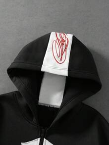 ROMWE MEN Men's Artistic Calligraphy Print Cross Patch Embroidery Streetwear Sweatshirt Hoodie - Black - View 8