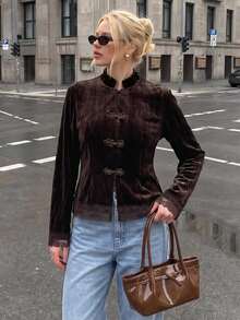 Struktiv Damen Herbst/Winter Mode Stehkragen Samt glänzend Froschknopf Kontrast Spitze chinesischer Stil Lässig Outdoor Shopping Party Jacke - Braun - Übersicht 5