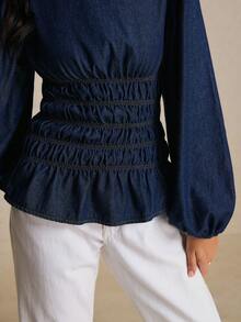 Poéselle Women's Round Neck Lantern Sleeve Ruched Waist Fashion Denim Top - Dark Wash - View 6