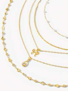 Opalesca 5pcs Y-Shaped Necklace Set, Fashion Minimalist Elegant Vintage Design With Bow, Water Drop, Heart, Rhinestone, Faux Pearl, Tassel Pendant, Y-Necklace - Yellow Gold - View 4